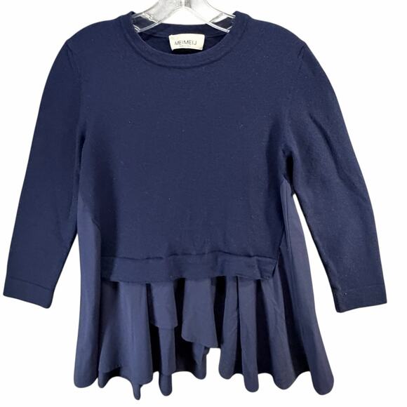 Meimeij Mixed Media Tunic Sweater M Navy Blue Wool Blend Layered Hem Top Luxury - Picture 5 of 16